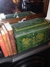 Leather bound books;  beautifully colored vintage box