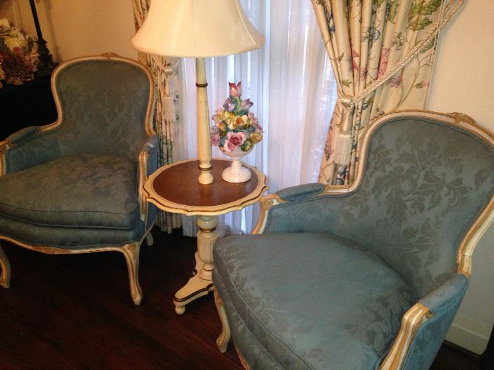 French Provincial pale blue upholstered parlor chairs; Provincial lamp table 