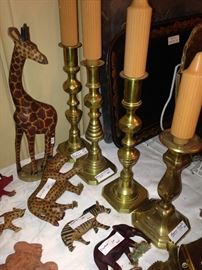 Wooden animals; solid brass candle holders
