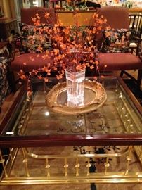 Fine looking brass, wood, and glass square coffee table