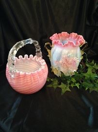 Case glass candy striped basket (c. 1870) with thorn handle; Victorian glass vase with applied flowers