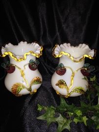 Exceptional Victorian cased glass vases with applied fruit