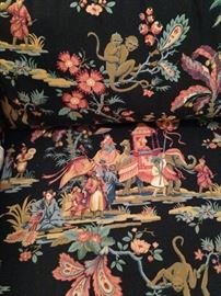 Colorful chinoiserie fabric in peach, blue, green, & black fabric