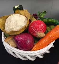 Italian Porcelain Bowl, Assorted Paper Mache Fruits & Veggies