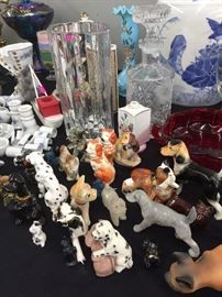Assorted Porcelain Figurines Miniature Pets, Dalmatians, Crystal Vases, Oriental Vase, Miniature Porcelain Dishes
