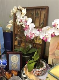 Silk Potted Orchid, Framed Needlework, Encased Shadow Box items, Salt & Pepper Shakers Maple Leaves