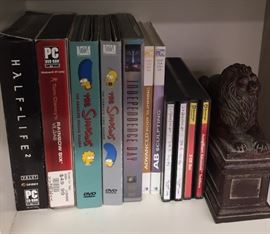 Assorted DVD's, CD's, VHS', Electronic Games, Lion Book End