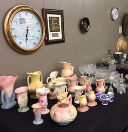 Hull & California Pottery, Crystal, Silverplate Servers, Wall Clock, F is for Faith