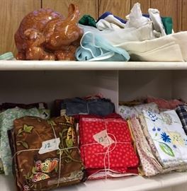 Assorted Swatches of Quilting Fabric in Bundles, Ceramic Bunny and Baby, Vintage Aprons