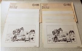 Two sets of cowboy branding scenes, six per set, still in envelopes as distributed by Cutter Laboratories. By E. W. Thistlethwaite, circa 1970s