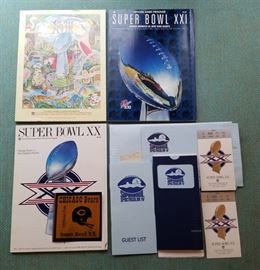Includes Superbowl XVIII (1984), XX (1986), and XXI (1987) official programs and Superbowl XXI seat cushions. Also includes two terrace tickets and contest paperwork for Superbowl XX, when the Tripenys (Tripeny Motors) won the Superbowl Spectacular IV Contest sponsored by Nissan Motors