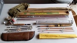 Bamboo Grampus Model 291 fishing rod by Kiraku, Japan. Also a Wright McGill Trailmaster M4TMS 6 1/2' fiberglass rod and a South Bend fiberglas rod.