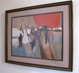 1982 limited edition print of surreal Native American figures in front of a large setting sun, entitled "Accept My Father's Spirit", #20/950, by Morten E. Solberg (California artist), published by The Greenwich Workshop, 20" x 28" in a 29" x 37".