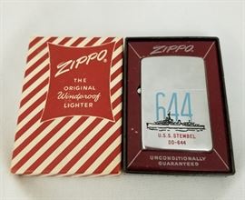 ZIPPO Lighter USS Stempel DD-644 Destroyer Ship. The USS Stempel DD-644 was a World War II naval destroyer commissioned in 1943 and decommissioned in 1958. ZIPPO script mark and Patent Pending 2517191 date the lighter to the 1950-1957 period. New in box.