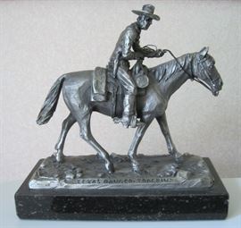 1972 pewter sculpture by Philip Kraczowski (Massachusetts 196-1996), entitled "Texas Ranger Tracking", issued by Worcester Pewter, 5" tall, 5" long, and 2 1/4" deep.
