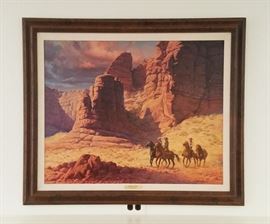 Large original oil on board painting of cowboys riding through a desert landscape, entited "Canyon Trek", by well known listed artist John Leone (1929-2011), 27 1/2" x 34 1/4" in a 35 1/2" x 42 1/4" frame