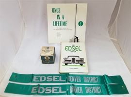 Nice lot of items related to the introduction of the Ford Edsel, including banners, record album of the "Once In A Lifetime" musical score from the 1957 Dealer Announcement Show for the Edsel, and a 1980 first edition book "The Edsel Affair" . Also includes a B8E-18358-B Edsel Auto Compass part (new in box).