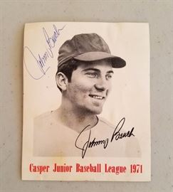 Photo of Johnnie Lee Bench, Cincinnati Reds catcher from 1967-1983. Promotional photo was signed by Mr. Bench in blue pen for the Casper Junior Baseball League in 1971