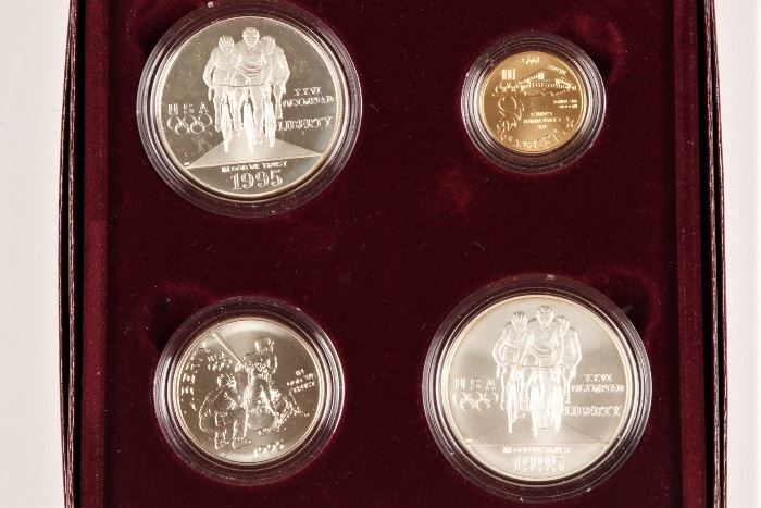 1995 U.S. Mint Olympic 4 Coin Set With $5 Gold Piece And Two Silver Dollars