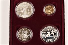 1995 U.S. Mint Olympic 4 Coin Set With $5 Gold Piece And Two Silver Dollars