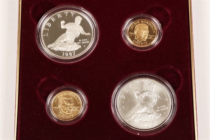 1997 U.S. Proof & Uncirculated 4 Coin Set Jackie Robinson 50th Anniversary Commemorative Coins