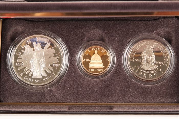 1989 U.S. Mint Congressional 3 Coin Proof Set With $5 Gold Piece And Silver Dollar