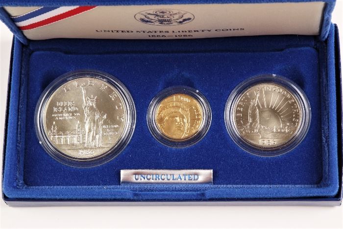 1986 U.S. Mint Liberty Uncirculated 3 Coin Set With $5 Gold Piece Half And Silver Dollar