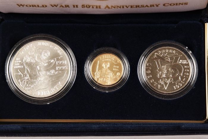 1993 U.S. Mint World War II 50th Anniversary Commemorative 3 Coin Uncirculated Sets With $5 Gold And 