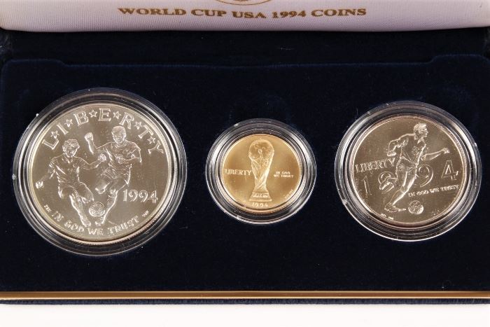 1994 U.S. Mint Uncirculated World Cup USA Commemorative 3 Coin Set With $5 Gold And Silver Dollar