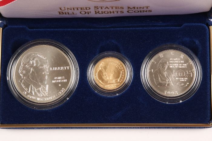 1993 U.S. Mint Uncirculated Bill Of Rights Commemorative 3 Coin Sets With $5 Gold And Silver Dollar