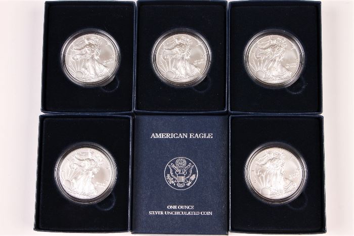 Five 2011 U.S. Mint Silver Uncirculated American Eagle Dollars