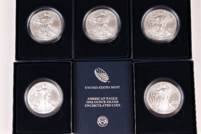 Five 2013 U.S. Mint American Eagle Silver Uncirculated 1 Oz Coins