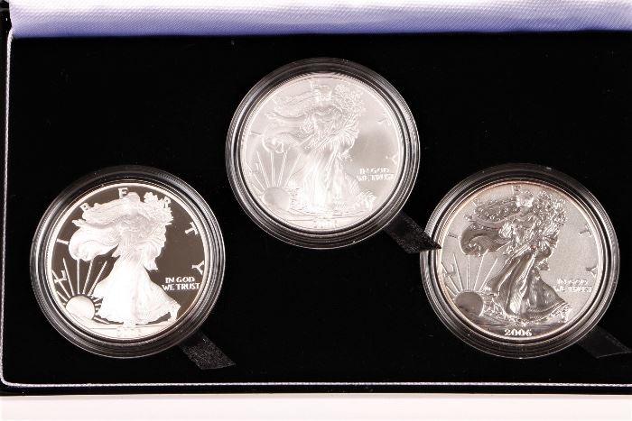 US Silver 3 Coin (pivot Uncirculated & Reverse) American Eagle 20th Anniversary 1 Oz Each $1