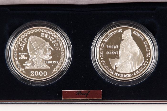 US Silver Proof 2 Coin Set (1 From US 1 From Iceland), Leif Ericson Millennium Commemorative $1 Coin