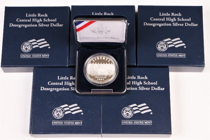 Five U.S. Mint Silver Proof $1 Little Rock Central High School Desegregation Dollars
