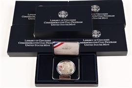 Five 2000 U.S. Mint Silver Proof Library Of Congress Bi Centennial Commemorative $1 Coin