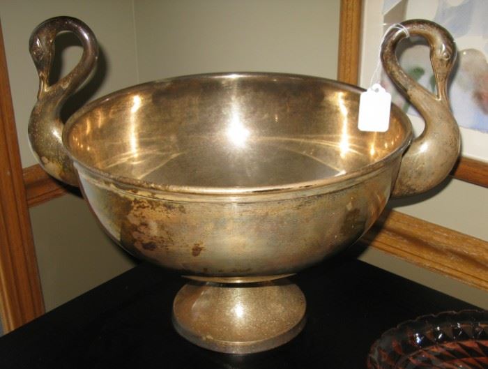 silver plate swan handle large bowl