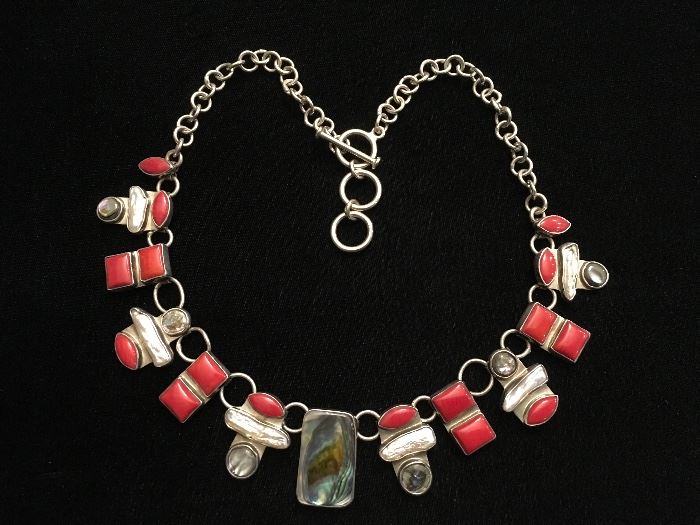 Sterling Silver Coral + Mother of Pearl + Pearl necklace