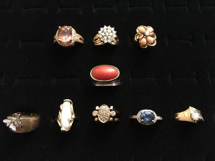 Assorted 14K gold rings - Topaz, Diamonds, Pink Coral, Pearl, Aquamarine
