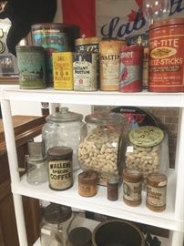 Country store items, peanuts jars daisy butter churn
