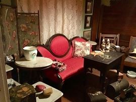 Victorian Settee, Marble top Tables, Sewing Machine