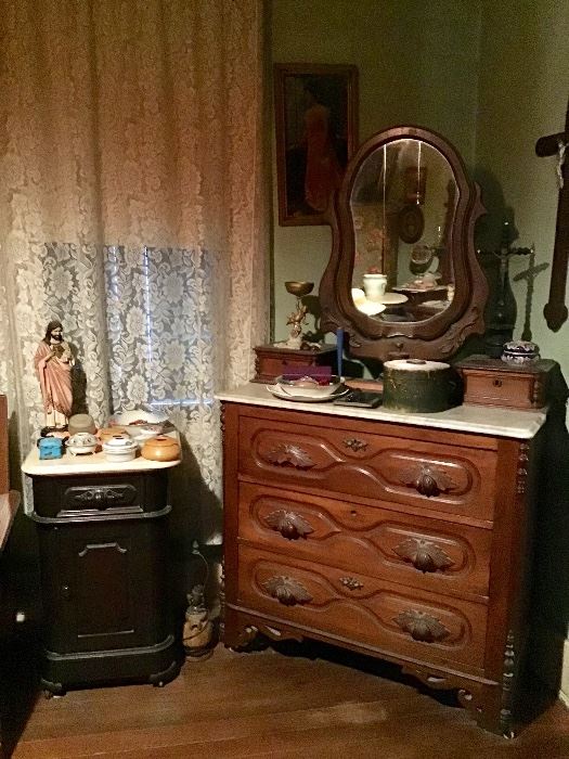 Marble top Dresser and Commode or night stand, collection of hair receivers, Religious Statue