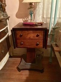 Antique drop leaf sewing table, iron lamp