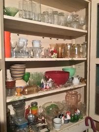 Depression Glass, China, salt and peppers, etc