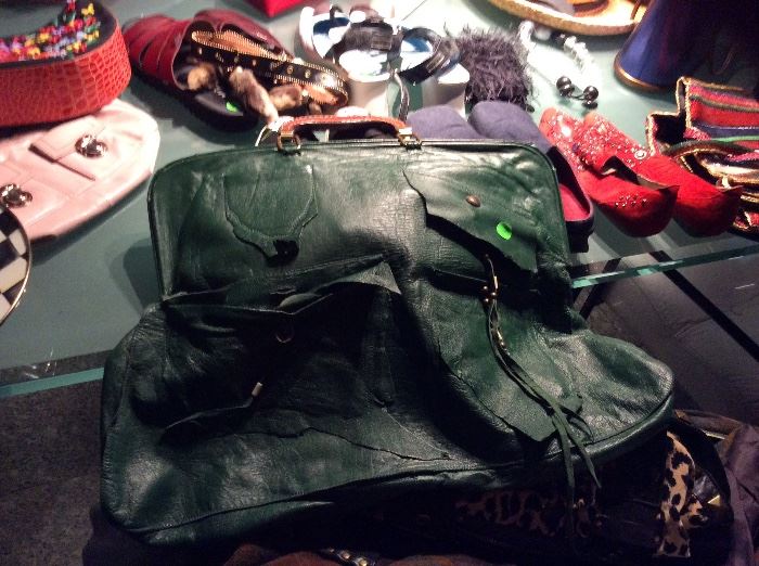 Handmade green leather satchel. 