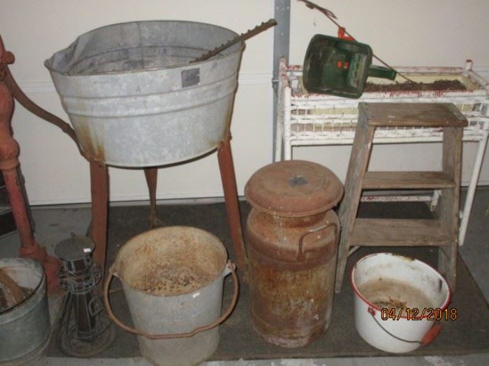 old washtub on stand, metal bucket, etc