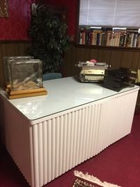 Huge vintage desk, and the front opens for a hidden "bar" area