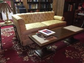 Marble inserted coffee table, one side of "double" split couch.