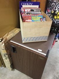 mini fridge, vintage magazines