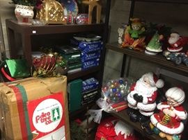 Ceramic Christmas items, artificial tree, more lights.